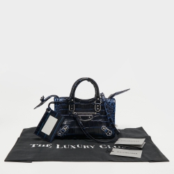 Pre Owned Balenciaga Blue Croc Embossed Leather Nano Metallic Edge City Tote
