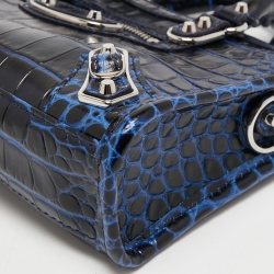 Pre Owned Balenciaga Blue Croc Embossed Leather Nano Metallic Edge City Tote
