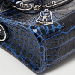 Pre Owned Balenciaga Blue Croc Embossed Leather Nano Metallic Edge City Tote