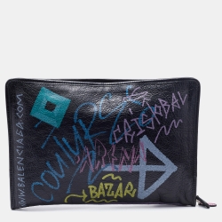 Pre Owned Balenciaga Black Leather Bazar Graffiti Zip Pouch