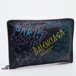 Pre Owned Balenciaga Black Leather Bazar Graffiti Zip Pouch
