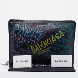 Pre Owned Balenciaga Black Leather Bazar Graffiti Zip Pouch