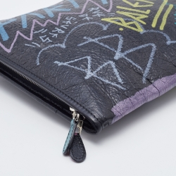 Pre Owned Balenciaga Black Leather Bazar Graffiti Zip Pouch
