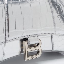 Pre Owned Balenciaga Metallic Silver Croc Embossed Leather XS Hourglass Top Handle Bag