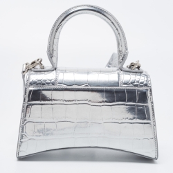 Pre Owned Balenciaga Metallic Silver Croc Embossed Leather XS Hourglass Top Handle Bag
