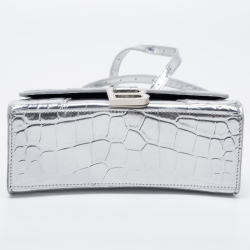Pre Owned Balenciaga Metallic Silver Croc Embossed Leather XS Hourglass Top Handle Bag