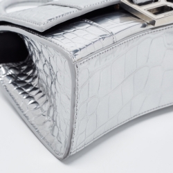 Pre Owned Balenciaga Metallic Silver Croc Embossed Leather XS Hourglass Top Handle Bag