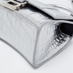 Pre Owned Balenciaga Metallic Silver Croc Embossed Leather XS Hourglass Top Handle Bag