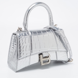 Pre Owned Balenciaga Metallic Silver Croc Embossed Leather XS Hourglass Top Handle Bag