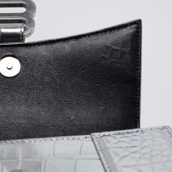 Pre Owned Balenciaga Metallic Silver Croc Embossed Leather XS Hourglass Top Handle Bag