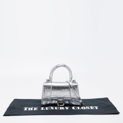 Pre Owned Balenciaga Metallic Silver Croc Embossed Leather XS Hourglass Top Handle Bag