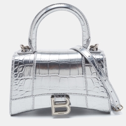 Pre Owned Balenciaga Metallic Silver Croc Embossed Leather XS Hourglass Top Handle Bag
