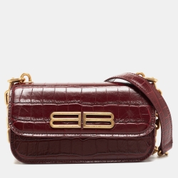 Pre Owned Balenciaga Burgundy Croc Embossed Leather Gossip Wallet On Chain