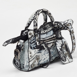 Pre Owned Balenciaga Black/White Graffiti Leather XS Neo Cagole City Bag
