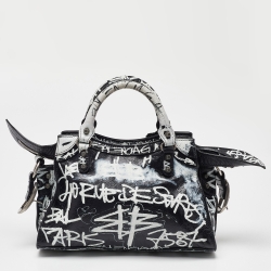 Pre Owned Balenciaga Black/White Graffiti Leather XS Neo Cagole City Bag