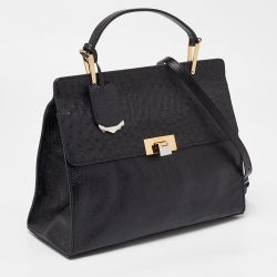 Pre Owned Balenciaga Black Leather and Ostrich Le Dix Cartable Top Handle Bag