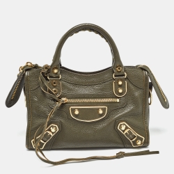 Pre Owned Balenciaga Olive Green Leather Mini Metallic Edge Classic City Bag