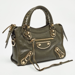 Pre Owned Balenciaga Olive Green Leather Mini Metallic Edge Classic City Bag