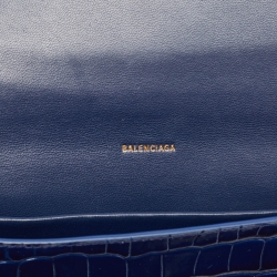 مملوكة مسبقًا Balenciaga Navy Blue Croc Embossed Leather Hourglass Flat Pouch