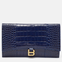 مملوكة مسبقًا Balenciaga Navy Blue Croc Embossed Leather Hourglass Flat Pouch