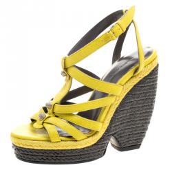 Balenciaga Yellow Leather Cross T Strap Wedge Espadrille Sandals Size 35