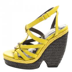 Balenciaga Yellow Leather Cross T Strap Wedge Espadrille Sandals Size 35