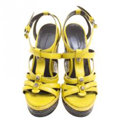 Balenciaga Yellow Leather Cross T Strap Wedge Espadrille Sandals Size 35