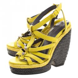 Balenciaga Yellow Leather Cross T Strap Wedge Espadrille Sandals Size 35