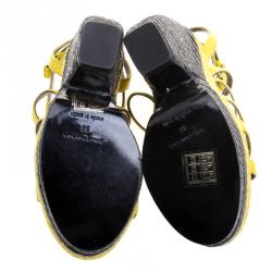 Balenciaga Yellow Leather Cross T Strap Wedge Espadrille Sandals Size 35