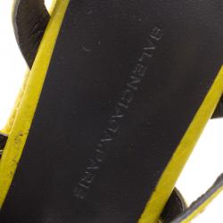 Balenciaga Yellow Leather Cross T Strap Wedge Espadrille Sandals Size 35