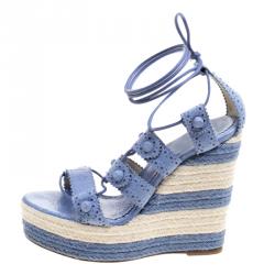 Pre Owned Balenciaga Blue Leather Lace Up Espadrille Wedges Size 40