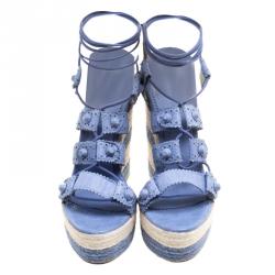 Pre Owned Balenciaga Blue Leather Lace Up Espadrille Wedges Size 40