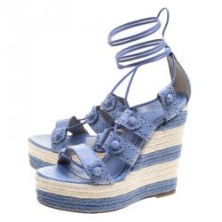 Pre Owned Balenciaga Blue Leather Lace Up Espadrille Wedges Size 40