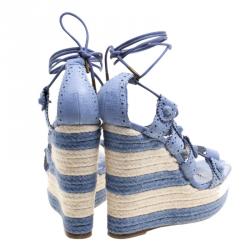 Pre Owned Balenciaga Blue Leather Lace Up Espadrille Wedges Size 40