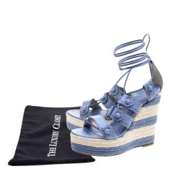 Pre Owned Balenciaga Blue Leather Lace Up Espadrille Wedges Size 40