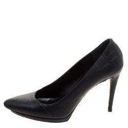 Pre Owned حذاء كعب عالي بالنسياغا نعل سميك جلد نقش تمساح أسود مقاس 37