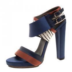 Pre Owned Balenciaga Multicolor Leather and Satin Buckle Ankle Strap Sandals Size 40