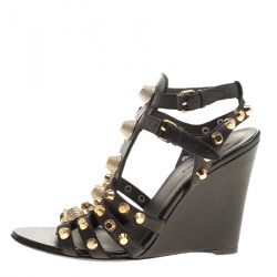 Balenciaga Black Leather Arena Studded Gladiator Wedge Sandals Size 40.5