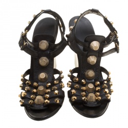 Balenciaga Black Leather Arena Studded Gladiator Wedge Sandals Size 40.5