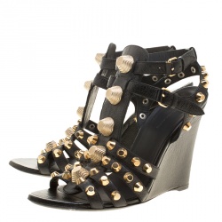 Balenciaga Black Leather Arena Studded Gladiator Wedge Sandals Size 40.5