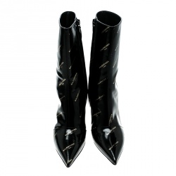 Pre Owned حذاء بوت كاحل بالنسياغا كعب مائل شعار عليه كله جلد لامع أسود مقاس 36