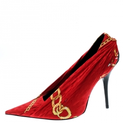 Pre Owned حذاء كعب عالي بالنسياغا مقدمة مدببة قماش مطبوع أحمر مقاس 38