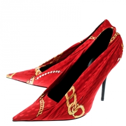 Pre Owned حذاء كعب عالي بالنسياغا مقدمة مدببة قماش مطبوع أحمر مقاس 38