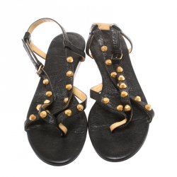 Pre Owned Balenciaga Black Studded Leather Arena Thong Flat Sandals Size 39.5