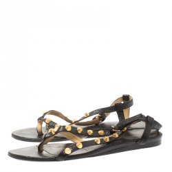 Pre Owned Balenciaga Black Studded Leather Arena Thong Flat Sandals Size 39.5