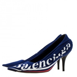 Pre Owned Balenciaga Blue Fabric And Leather Knife Logo Pointed Toe Pumps Size 36