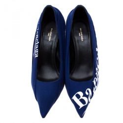 Pre Owned Balenciaga Blue Fabric And Leather Knife Logo Pointed Toe Pumps Size 36