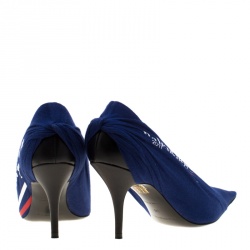 Pre Owned Balenciaga Blue Fabric And Leather Knife Logo Pointed Toe Pumps Size 36