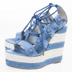 مملوكة مسبقًا Balenciaga Blue Leather Lace-Up Espadrille Wedges Size 37