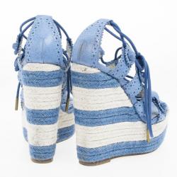 مملوكة مسبقًا Balenciaga Blue Leather Lace-Up Espadrille Wedges Size 37